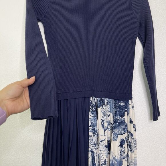 Dalia Macphee Dress Medium Midi Rib Sweater Nautical Spode Italy Print Pleated - Picture 4 of 10